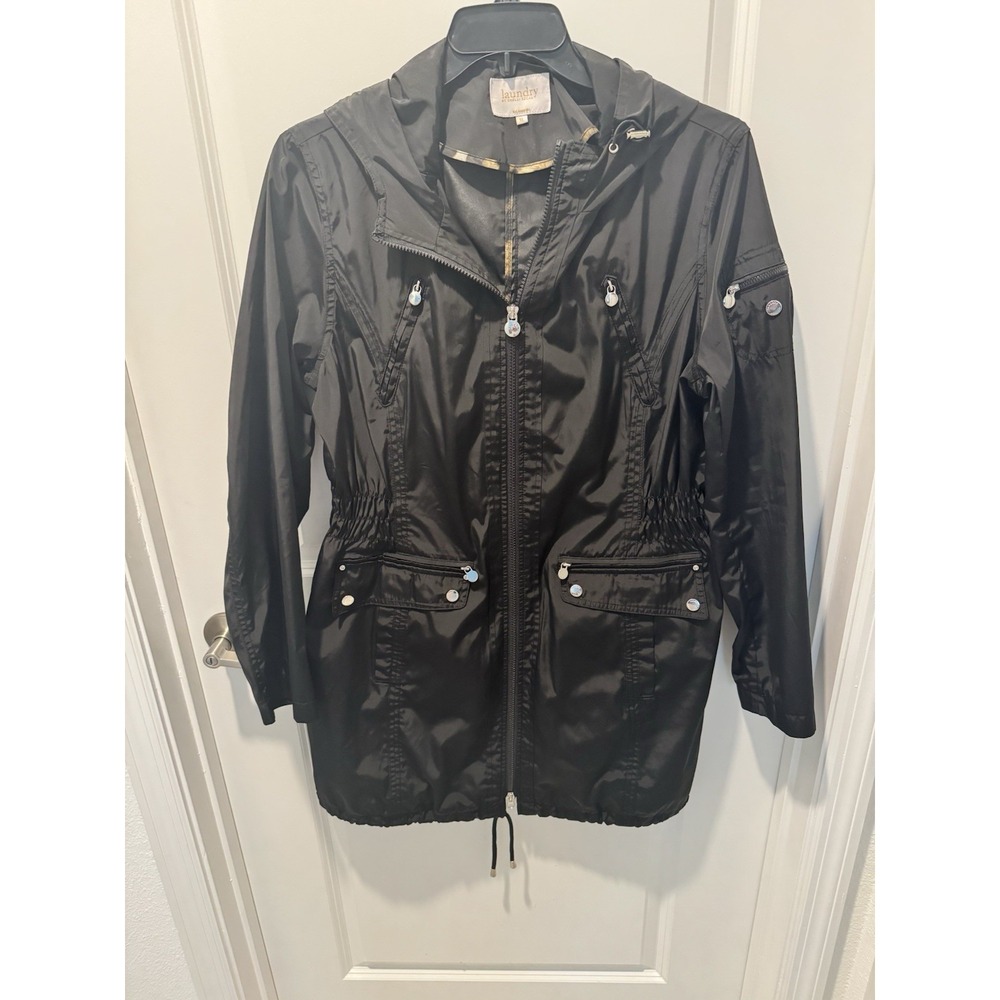 Laundry by Shelli Segal Women's Long Hooded Black Cinch Rain Jacket Size XL